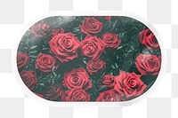 PNG aesthetic red roses label, rectangle oval sticker with white border, transparent background
