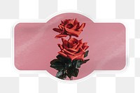 PNG aesthetic red rose label, badge shape with white border, transparent background