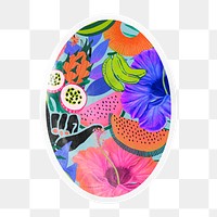 Tropical summer png illustration sticker, oval with white border in transparent background