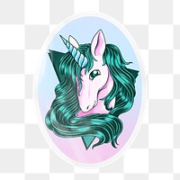 PNG cute unicorn, oval clipart with white border, transparent background