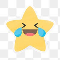 PNG laughing star emoji, funny digital sticker with white border in transparent background