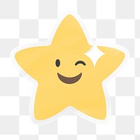 PNG winking star emoji, playful digital sticker with white border in transparent background