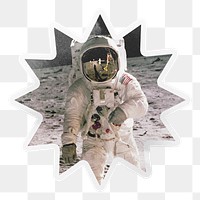 PNG astronaut walking on the moon, printable starburst sticker in transparent background