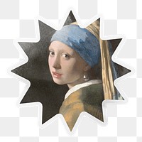 PNG Girl with a Pearl Earring by Johannes Vermeer, painting sticker in starburst shape outline in transparent background, remixed by rawpixel.
