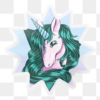 Cute png unicorn, starburst clipart with white border, transparent background