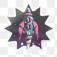 Rocket launch to outer space, printable starburst sticker in transparent background