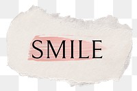 Smile png word sticker typography, torn paper transparent background