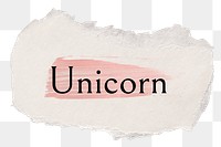 Unicorn png word sticker typography, torn paper transparent background