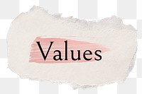 Values png word sticker typography, torn paper transparent background