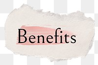 Benefits png ripped paper word sticker typography, transparent background