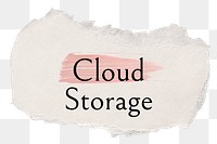 Cloud storage png ripped paper word sticker typography, transparent background