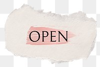 Open png word sticker typography, torn paper transparent background