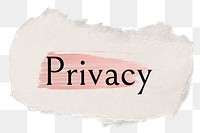 Privacy png word sticker typography, torn paper transparent background