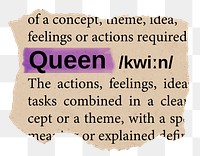 Queen png word sticker, torn paper dictionary, transparent background