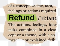 Refund png word sticker, torn paper dictionary, transparent background