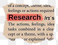 Research png word sticker, torn paper dictionary, transparent background