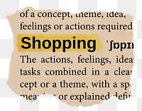 Shopping png word sticker, torn paper dictionary, transparent background