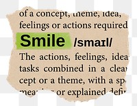 Smile png word sticker, torn paper dictionary, transparent background