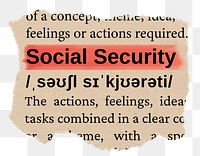 Social security png word sticker, torn paper dictionary, transparent background