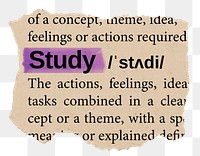 Study png word sticker, torn paper dictionary, transparent background