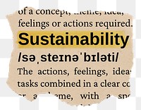 Sustainability png word sticker, torn paper dictionary, transparent background