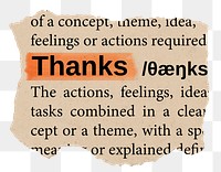 Thanks png word sticker, torn paper dictionary, transparent background