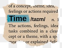 Time png word sticker, torn paper dictionary, transparent background