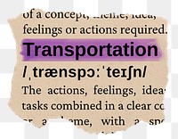 Transportation png word sticker, torn paper dictionary, transparent background