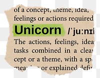 Unicorn png word sticker, torn paper dictionary, transparent background