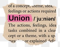 Union png word sticker, torn paper dictionary, transparent background