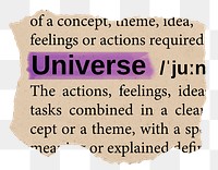 Universe png word sticker, torn paper dictionary, transparent background