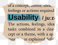 Usability png word sticker, torn paper dictionary, transparent background