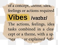 Vibes png word sticker, torn paper dictionary, transparent background