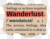 Wanderlust png word sticker, torn paper dictionary, transparent background