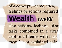 Wealth png word sticker, torn paper dictionary, transparent background