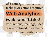 Web analytics png word sticker, torn paper dictionary, transparent background