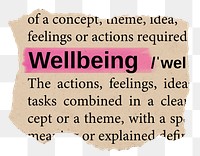 Wellbeing png word sticker, torn paper dictionary, transparent background