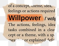 Willpower png word sticker, torn paper dictionary, transparent background