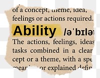 Ability png word sticker, torn paper dictionary, transparent background