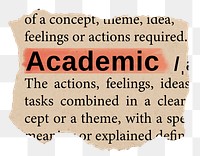 Academic png word sticker, torn paper dictionary, transparent background