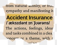 Accident insurance png word sticker, torn paper dictionary, transparent background