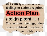 Action plan png word sticker, torn paper dictionary, transparent background