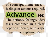 Advance png word sticker, torn paper dictionary, transparent background