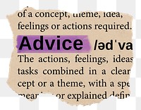 Advice png word sticker, torn paper dictionary, transparent background