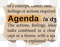 Agenda png word sticker, torn paper dictionary, transparent background