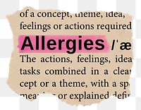 Allergies png word sticker, torn paper dictionary, transparent background