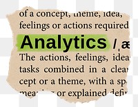 Analytics png word sticker, torn paper dictionary, transparent background