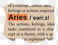 Aries png word sticker, torn paper dictionary, transparent background