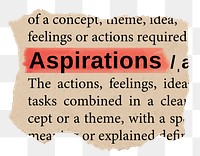 Aspirations png word sticker, torn paper dictionary, transparent background