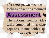 Assessment png word sticker, torn paper dictionary, transparent background